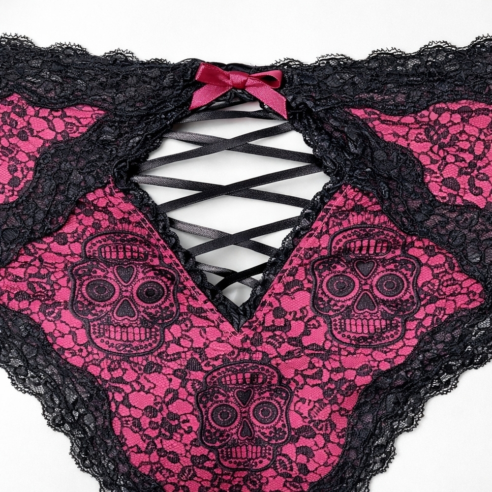 Torrid Satin Cheekster Burgendy & Black Skull Lace Trim Panties New with Tags - Picture 3 of 11
